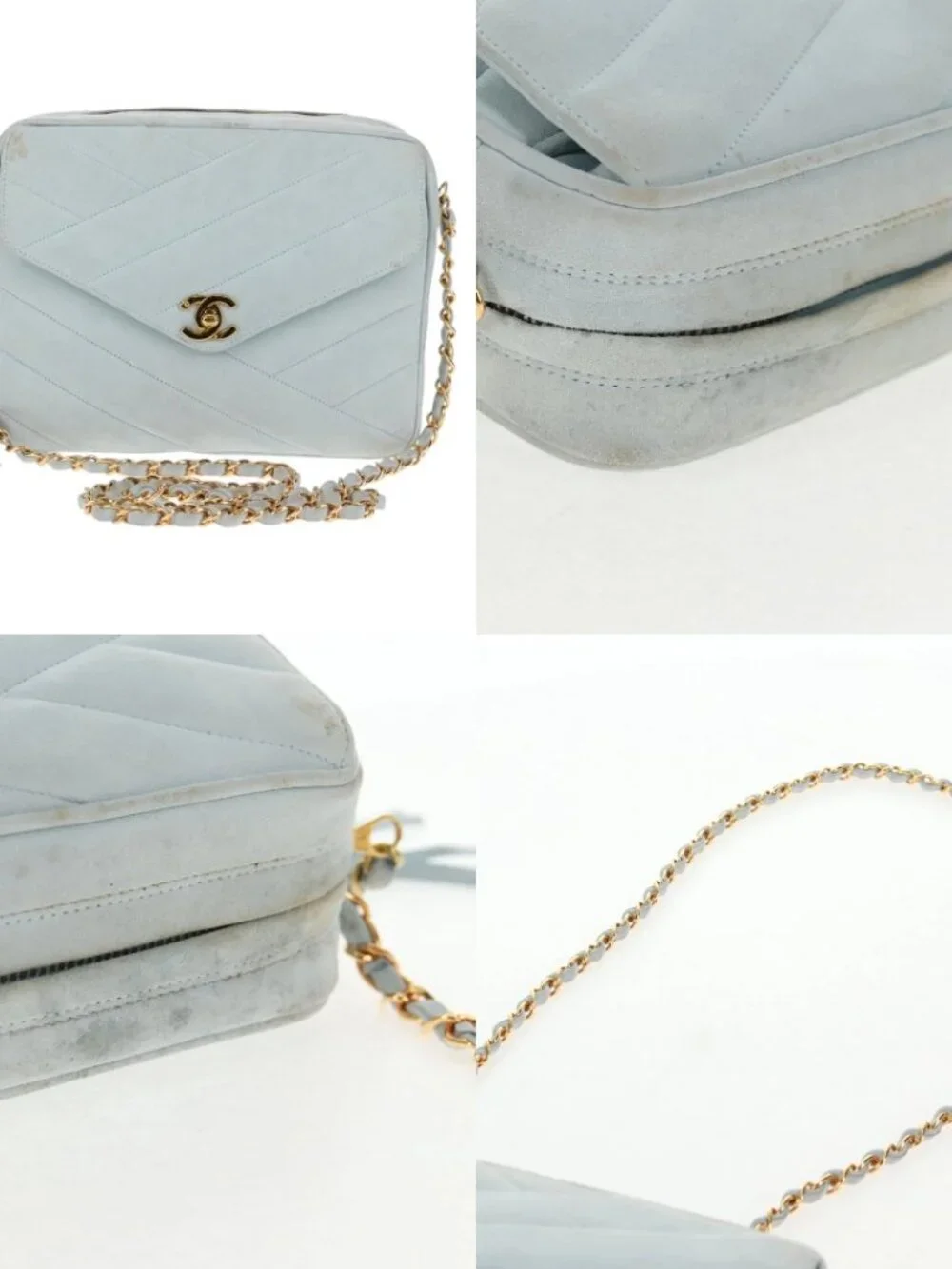 CHANEL Bias Stitch Chain Shoulder Bag Suede Light Blue Gold CC Auth 139935V
